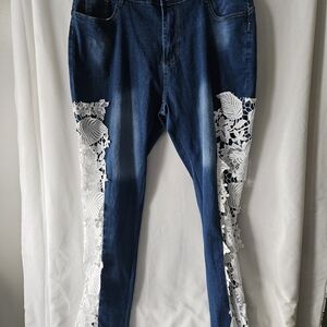 Dark Blue Women's Jeans with White Lace Side Panels